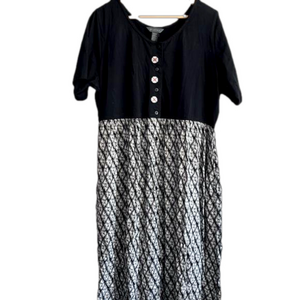 Mantles Boho XL Midi Maxi Dress Black White Print Button Up